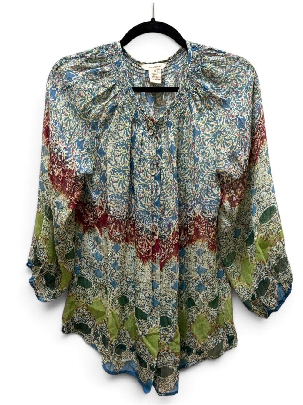 Sundance 100% Silk Sheer Boho Print Blouse size Medium